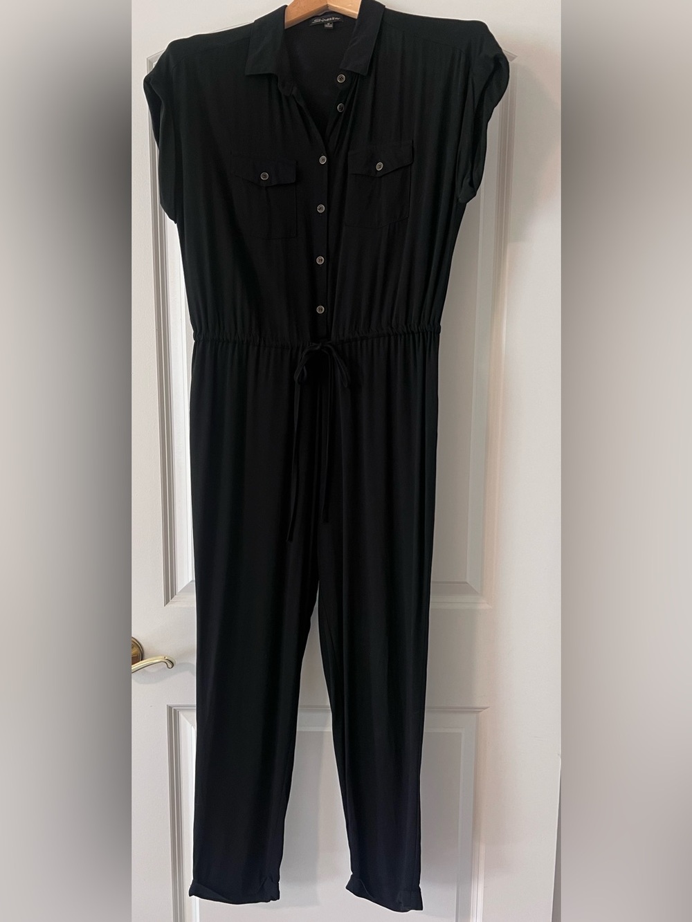 Shinestar Black Button-Front Jumpsuit with Drawstring
